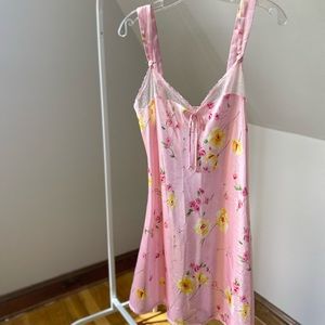 90s Pink Floral Vintage Slip Dress with Lace Inserts